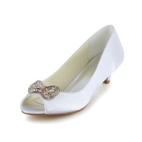 Peep Toe Kitten Heel Wedding Shoes For Women Rhinestones Slip On White Pumps Low Heeled Dress Shoes