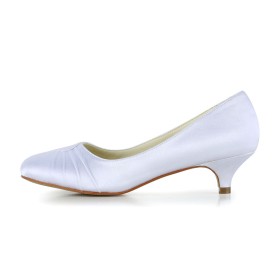 Elegante Satin Brautschuhe Schlupfschuh Schuhe Damen Weiß Stöckelschuhe Abendschuhe Mit 4 cm Niedriger Absatz Kitten Heel