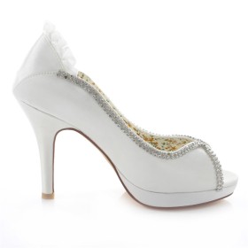 Avec Strass Bout Ouvert Talons Aiguilles Elegante Escarpins Talons Hauts Satin Chaussure De Mariée Ete Plateforme Chaussures Pour Femmes