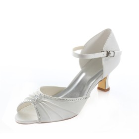 Open Toe Ivory Womens Sandals Low Heel Beautiful Ankle Strap With Rhinestones Bridals Wedding Shoes