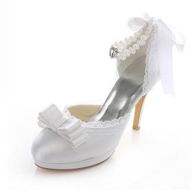 With Ankle Strap With Bowknot Sandals Stiletto Wedding Shoes For Bridal White 10 cm High Heel Round Toe Satin