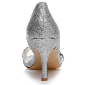 Peep Toes Belle Paillette Argenté Chaussure Mariage Chaussure De Soirée Avec Noeud A Talon Haut 8 cm Ete Sandale