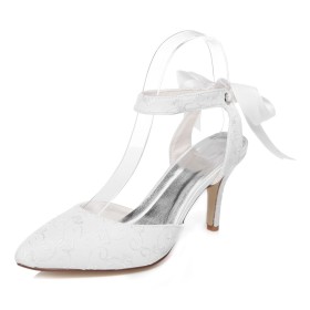 Wedding Shoes For Women Satin White With Bowknot High Heels With Ankle Strap Embroidered Pointed Toe Sandals For Women