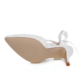 Eleganti Scarpe Sposa Tacco Alto 8 cm Ricamato Sandalo Con Fiocco Punta Chiusa Scarpe Cerimonia Bianchi In Raso