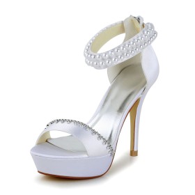 Beautiful 4 inch High Heel Sandals With Ankle Strap Wedding Shoes Satin Platform Peep Toe Strappy White