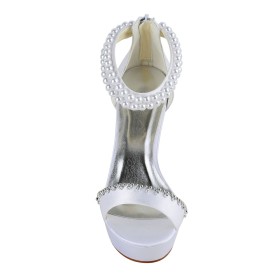 Riemchensandaletten Pfennigabsatz Schöne Sandaletten 10 cm High Heels Perlen Plateau Brautschuhe Elegante