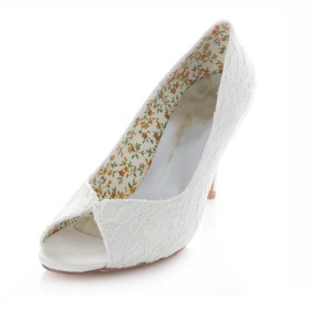 Elegant Wedding Shoes For Bridal Ivory Peep Toe Pumps Dress Shoes Slip On 3 inch High Heel Stilettos