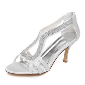 Eleganti Scarpe Da Sposa Con Strass Con Lacci Con Tacco Alto Di Raso Tacco A Spillo Scarpe Da Ballo Bianche Cerimonia Sandali