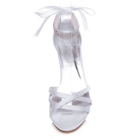 Elegante Sandalen Weiß Riemchen Satin Stilettos 8 cm High Heels Brautschuhe Mit Strasssteine Peeptoes