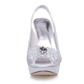 Elegante Weiß 12 cm High Heels Pfennigabsatze Plateau Pumps Satin Mit Absatz Peeptoes Schuhe Damen Mit Kristall Abendschuhe