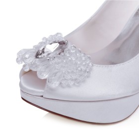 Elegante Weiß 12 cm High Heels Pfennigabsatze Plateau Pumps Satin Mit Absatz Peeptoes Schuhe Damen Mit Kristall Abendschuhe