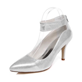 8 cm High Heels Silver Evening Shoes With Ankle Strap Bridal Shoes Sparkly Sequin Pointed Toe Shoes Pumps Stiletto