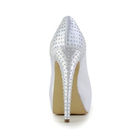 Decolte Di Raso Con Strass Tacco A Spillo Elegante Tacchi Alto Bianchi Cerimonia Plateau Scarpe Da Sposa