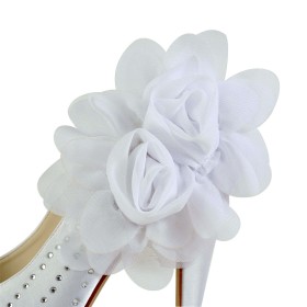 Fleur Bout Rond Chaussure Mariée Strass Élégant Blanche Satin Ceremonie Chaussure Femme Slip On Escarpin Talon Haut 13 cm