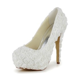 Ivory Pumps 13 cm High Heels Wedding Shoes For Women Evening Shoes Round Toe Cute Platform Heel Satin Lace Shoes