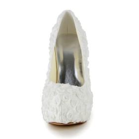 Chaussure Pour Femme Chic Belle Dentelle Plateforme Fleurs A Talon Escarpins Chaussure Mariée Ivoire Bout Rond Chaussure De Soirée