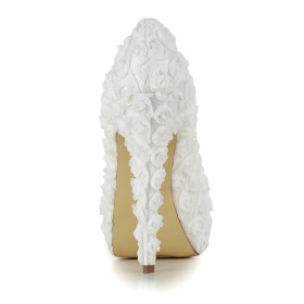 Chaussure Pour Femme Chic Belle Dentelle Plateforme Fleurs A Talon Escarpins Chaussure Mariée Ivoire Bout Rond Chaussure De Soirée