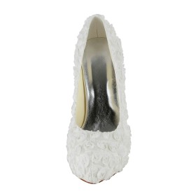 Chaussure Pour Femme Chic Belle Dentelle Plateforme Fleurs A Talon Escarpins Chaussure Mariée Ivoire Bout Rond Chaussure De Soirée