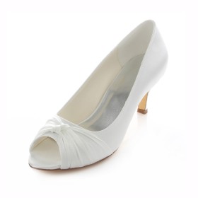 Slip On Pleated Open Toe Comfortable Ivory Pumps 6 cm Heel Wedding Shoes