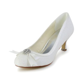 Almond Toe Pumps 6 cm Heeled Dress Shoes Rhinestones White Wedding Shoes For Bridal Satin