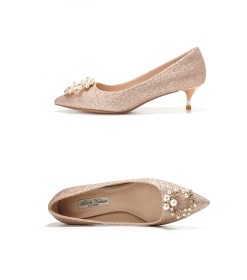 Festliche Schuhe Kitten Heel Pumps Spitz 3 cm Low Heel Abendschuhe Herrlich Champagner Hochzeitsschuhe