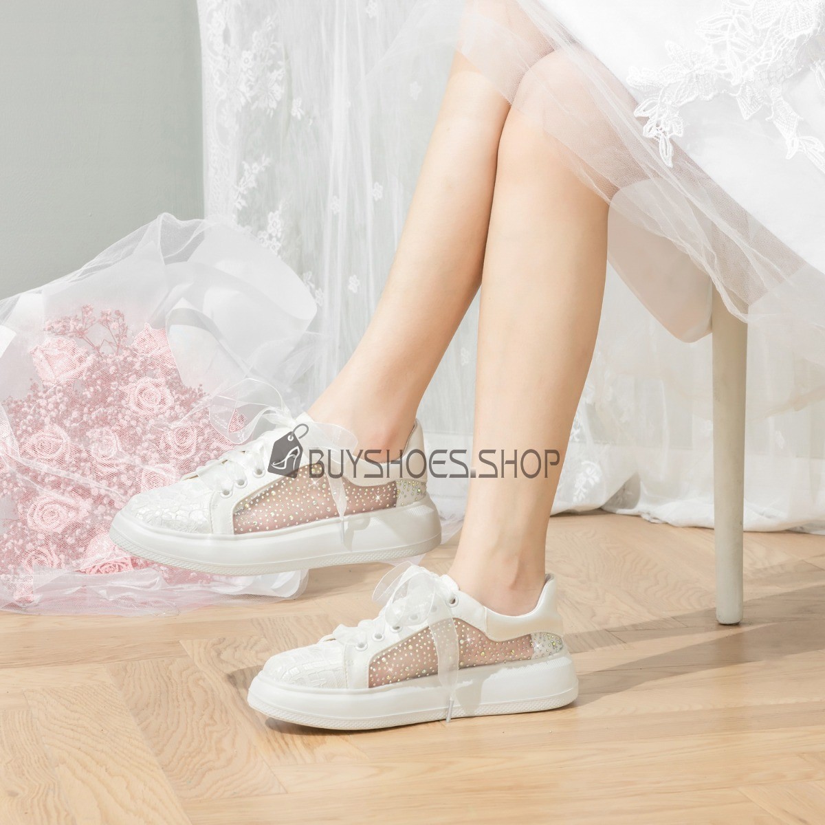 Basket Dentelle Blanche Mariage Blanche Chaussure De Soirée Filet