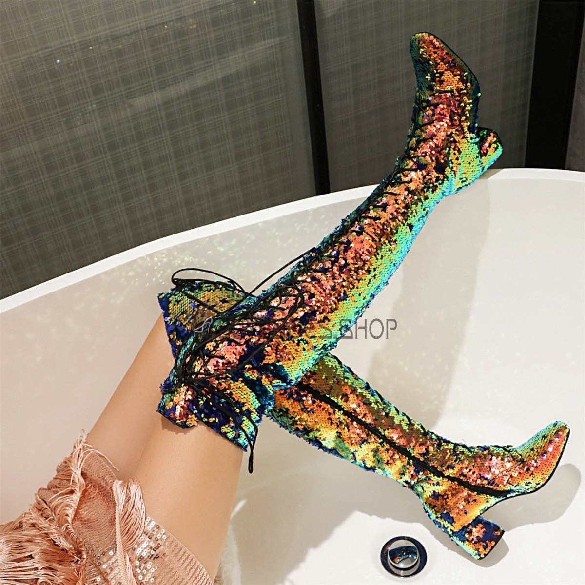 Rainbow Sequin wavey Knee High Tall