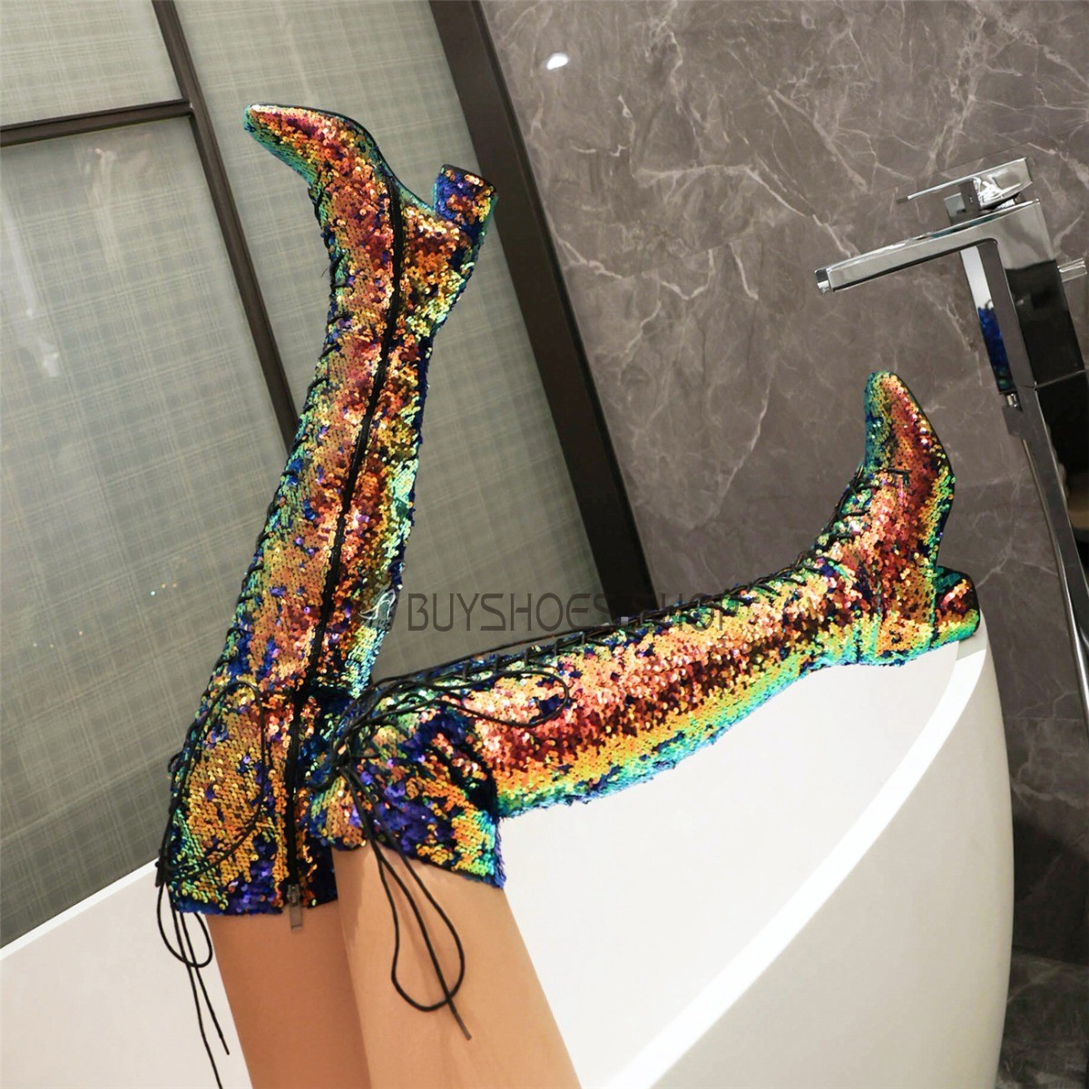 Rainbow thigh high boots sales