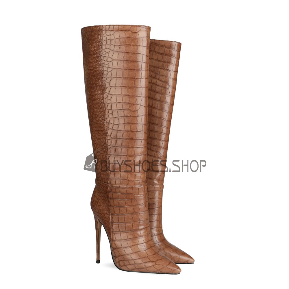 Cheap Tall Boots 12 cm High Heeled Vintage Riding Boot Crocodile