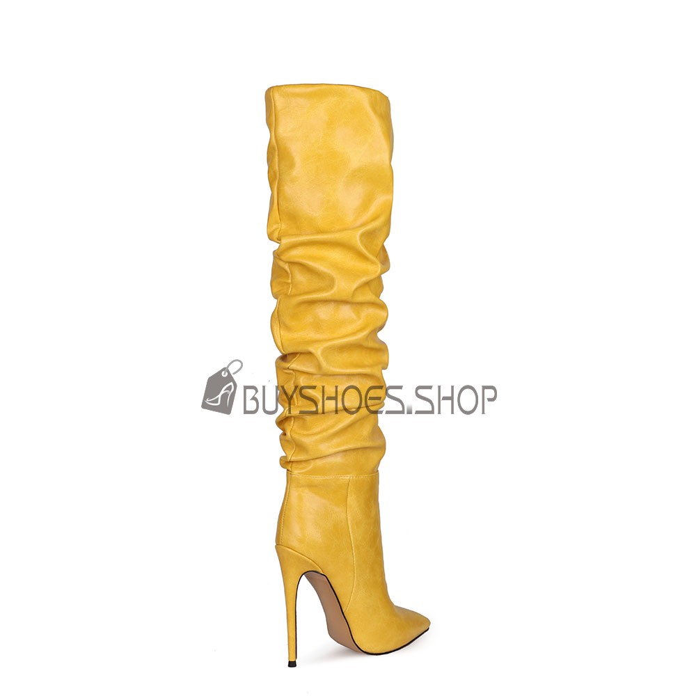 Stiletto Schlupfschuh Winter Kniehohe Stiefel Gefütterte Gelbe