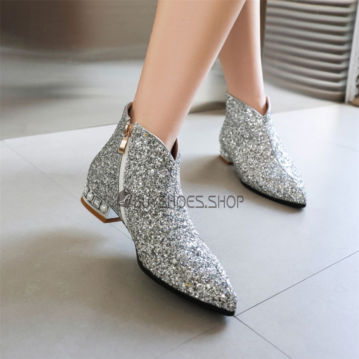 Stiefeletten Mit Perle Glitzer Bequeme Boots Damen Winter Flache