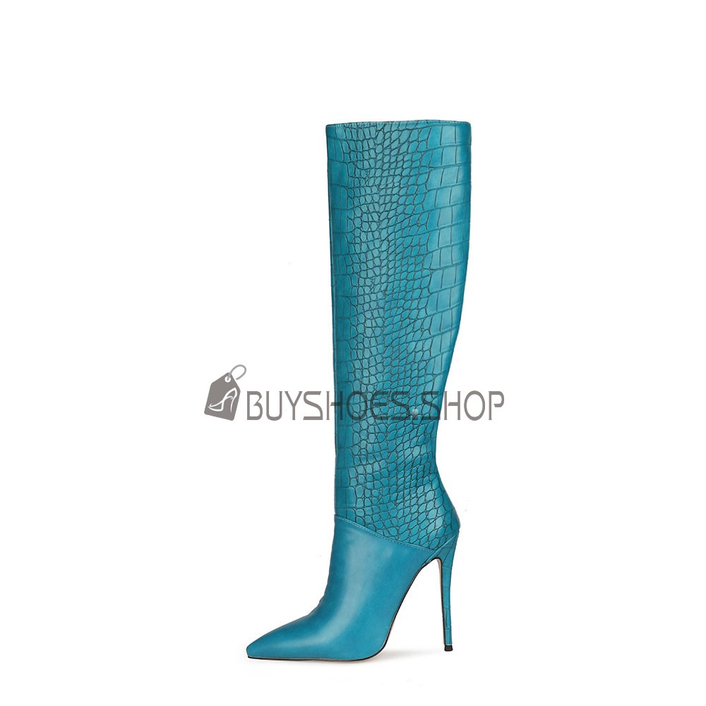 Bottes Talon Bottes Cuir Bleu Femme Fourrées À Talon Aiguilles