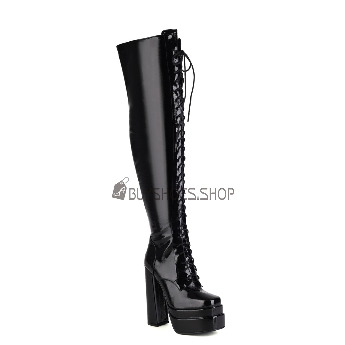 Thigh High Boot For Women Block Heels Classic Vintage 15 cm High Heel Lace Up Faux Leather