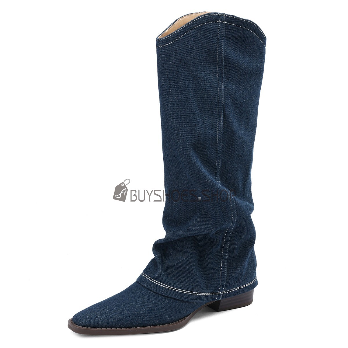 Flat Shoes Vintage Casual Pointed Toe Jeans Fold Over Cowboy Fur Lined Slouch Mid Calf Boot For Women