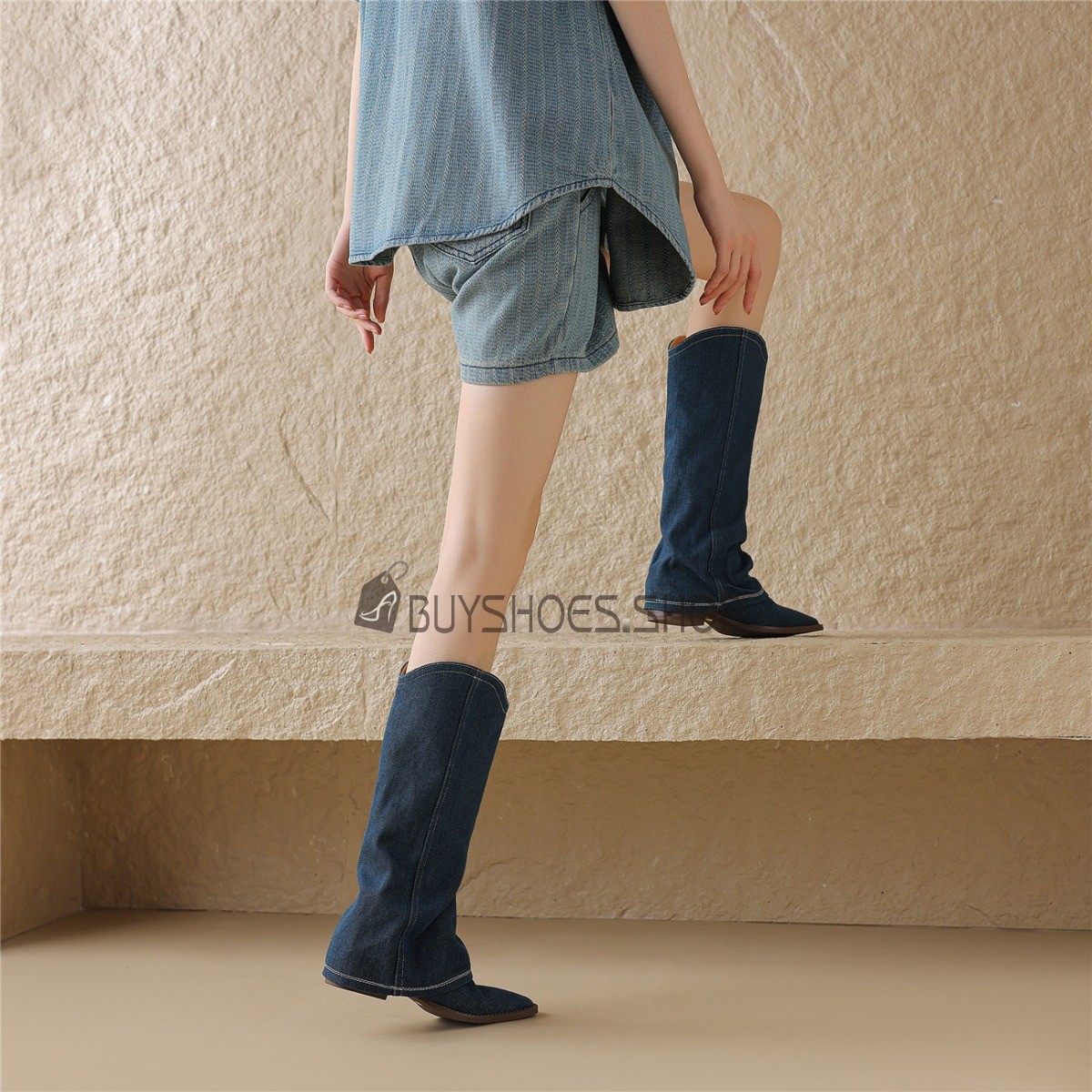 Cheap Flat Shoes Vintage Casual Pointed Toe Jeans Fold Over Cowboy