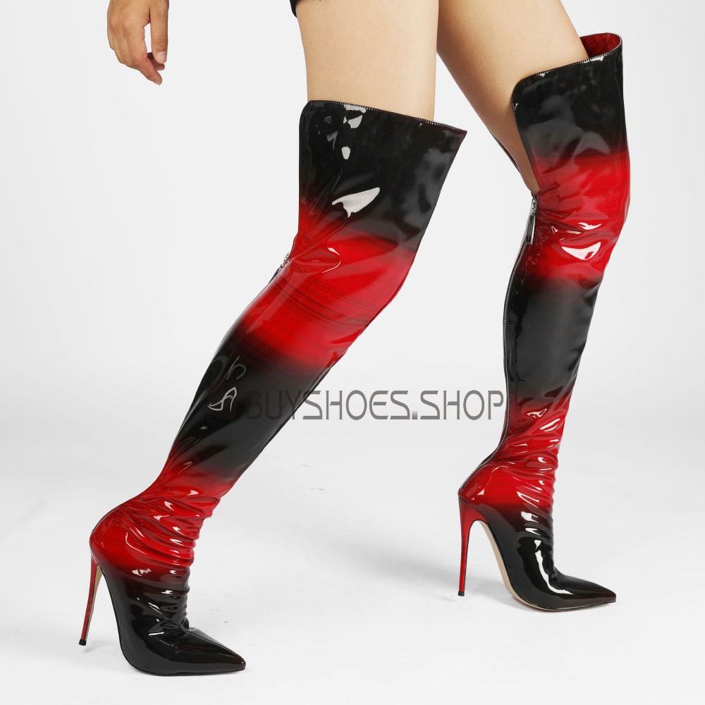 Cheap Patent Leather Stiletto Fur Lined Thigh High Boots 12