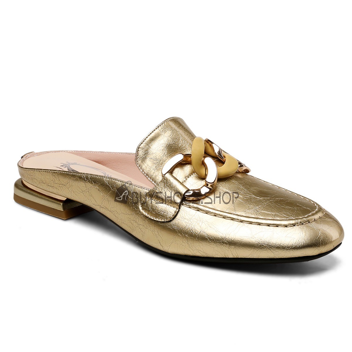 Cute Comfortable Flat Shoes Slip On Shoes Leather Gold Patent With Metal Jewelry Mules Metallic