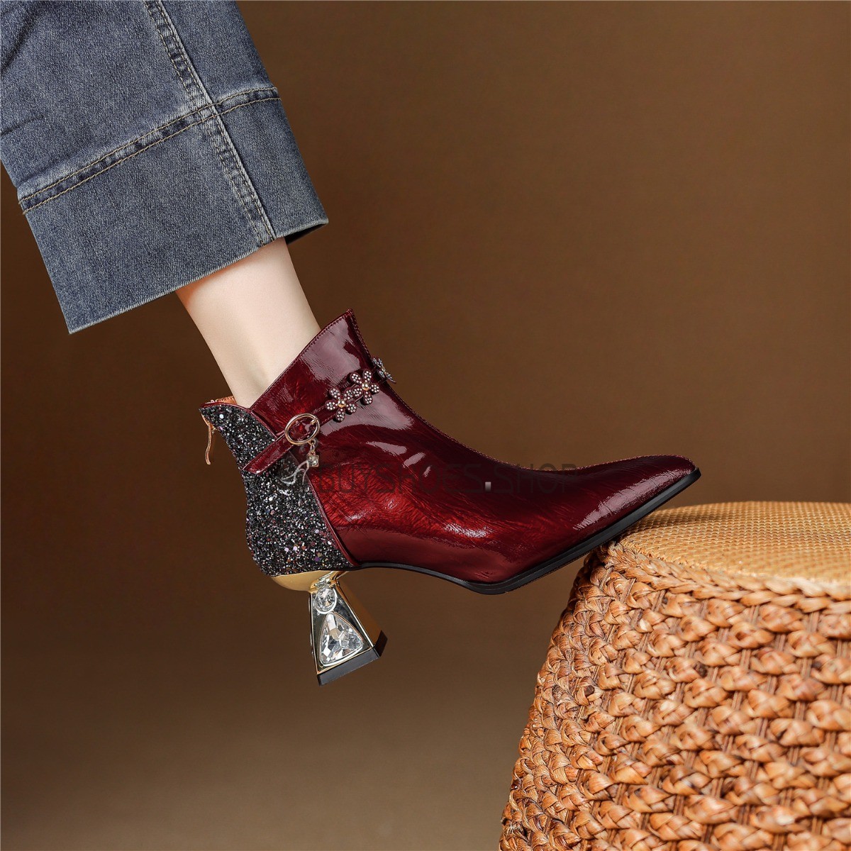 Glitter Dress Shoes Thick Heel with Crystal Beautiful with Flower Fashion with Rhinestones Patent Pointed Toe Leather Sparkly Ankle Boots for Women Glitter Dress Shoes Thick Heel with Crystal Beautiful with Flower Fashion with Rhinestones Patent Pointed Toe Leather Sparkly Ankle Boots for Women