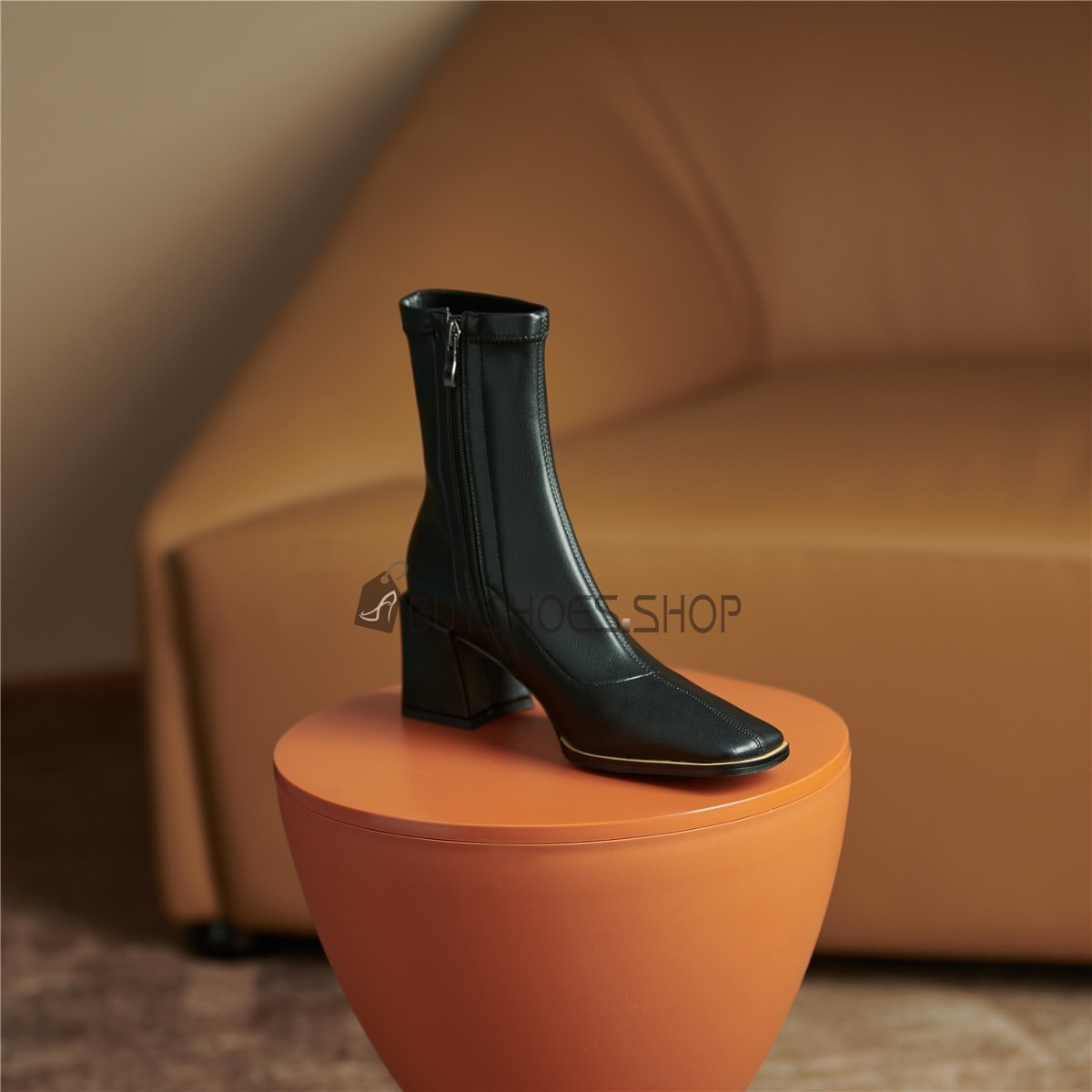 Punta Quadrata Tronchetti Neri Tacco Largo Tacco Largo Scarpe