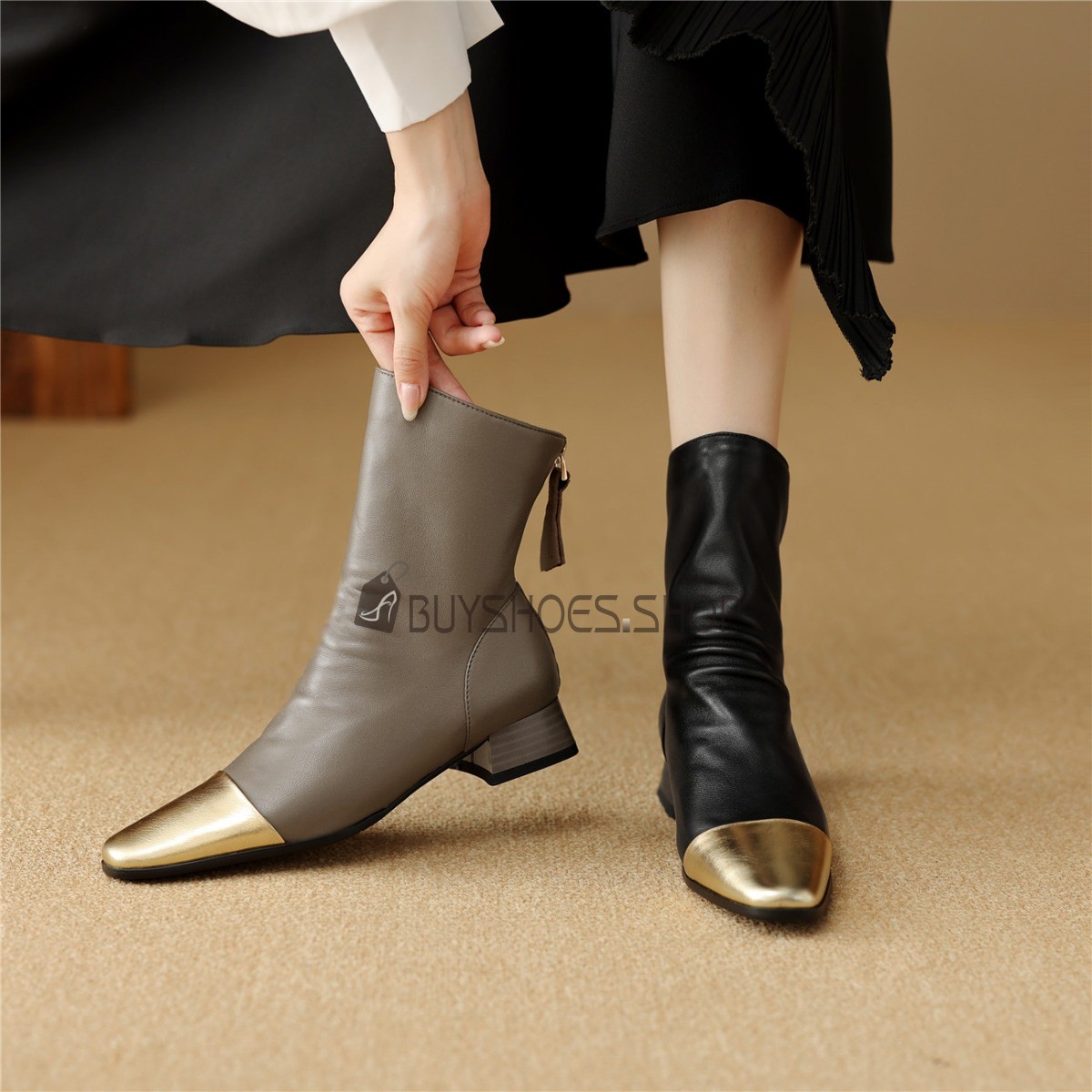 Fourrees Avec Colorblock Talon Epais Bout Carre Petit Talon 3 cm Talons Carres Bottine Femme