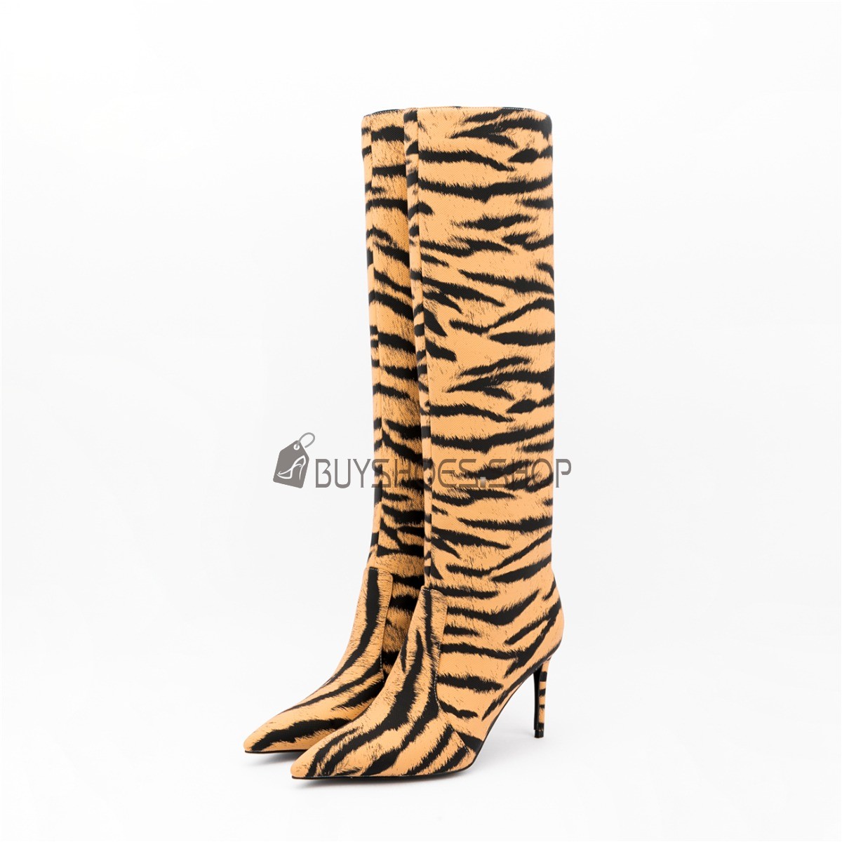 Online Classic 9 cm High Heeled Vintage Tall Boots Faux Leather Fur Lined Fur Brown Knee High Boot Pointed Toe 3722130689F BuyShoes.Shop