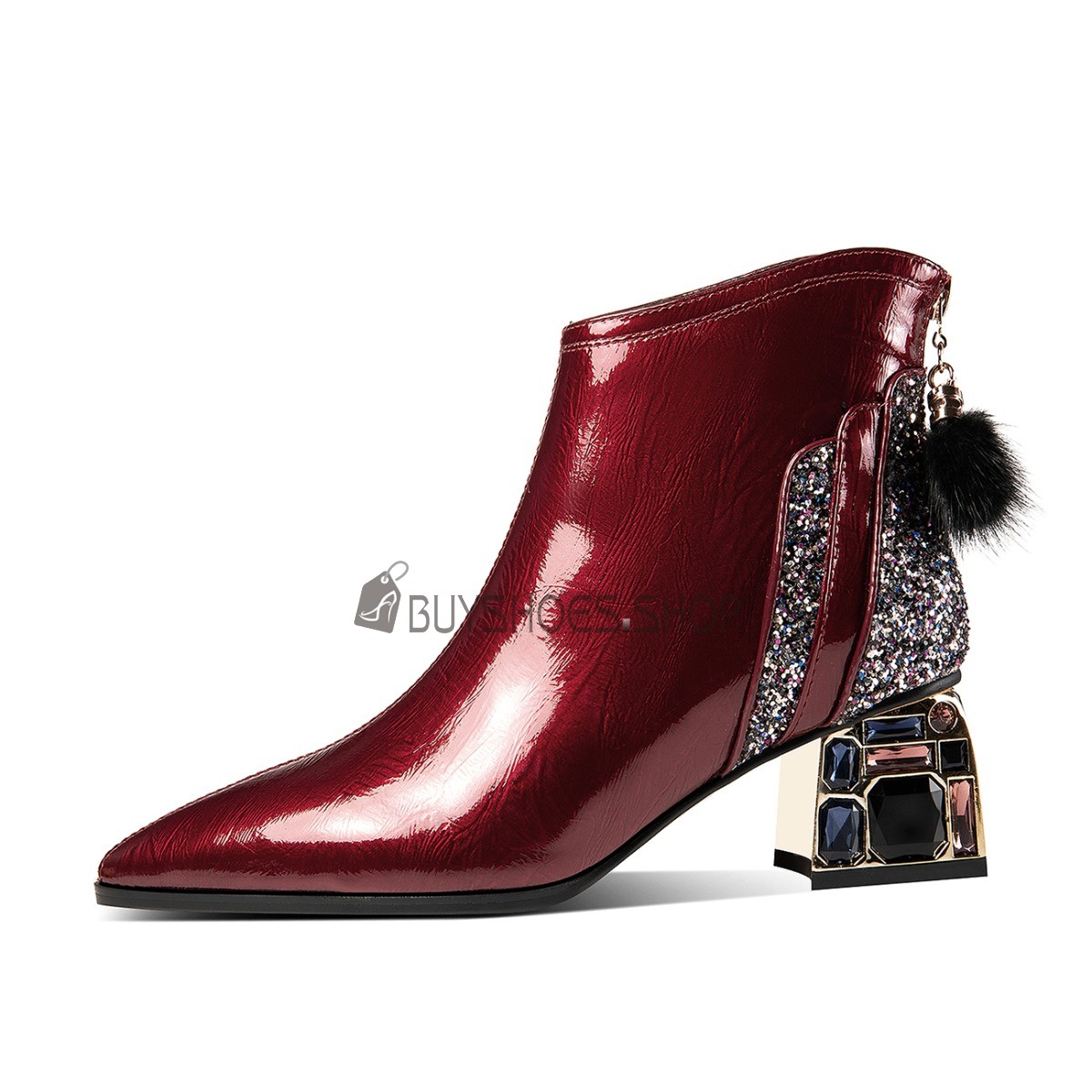 Buy Chunky Leather Ankle Boots Glitter Closed Toe Block Heel