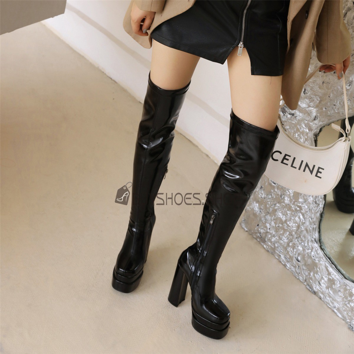 High Heels Stiefel Lackstiefel Overknee Plateau Plateau Overknee