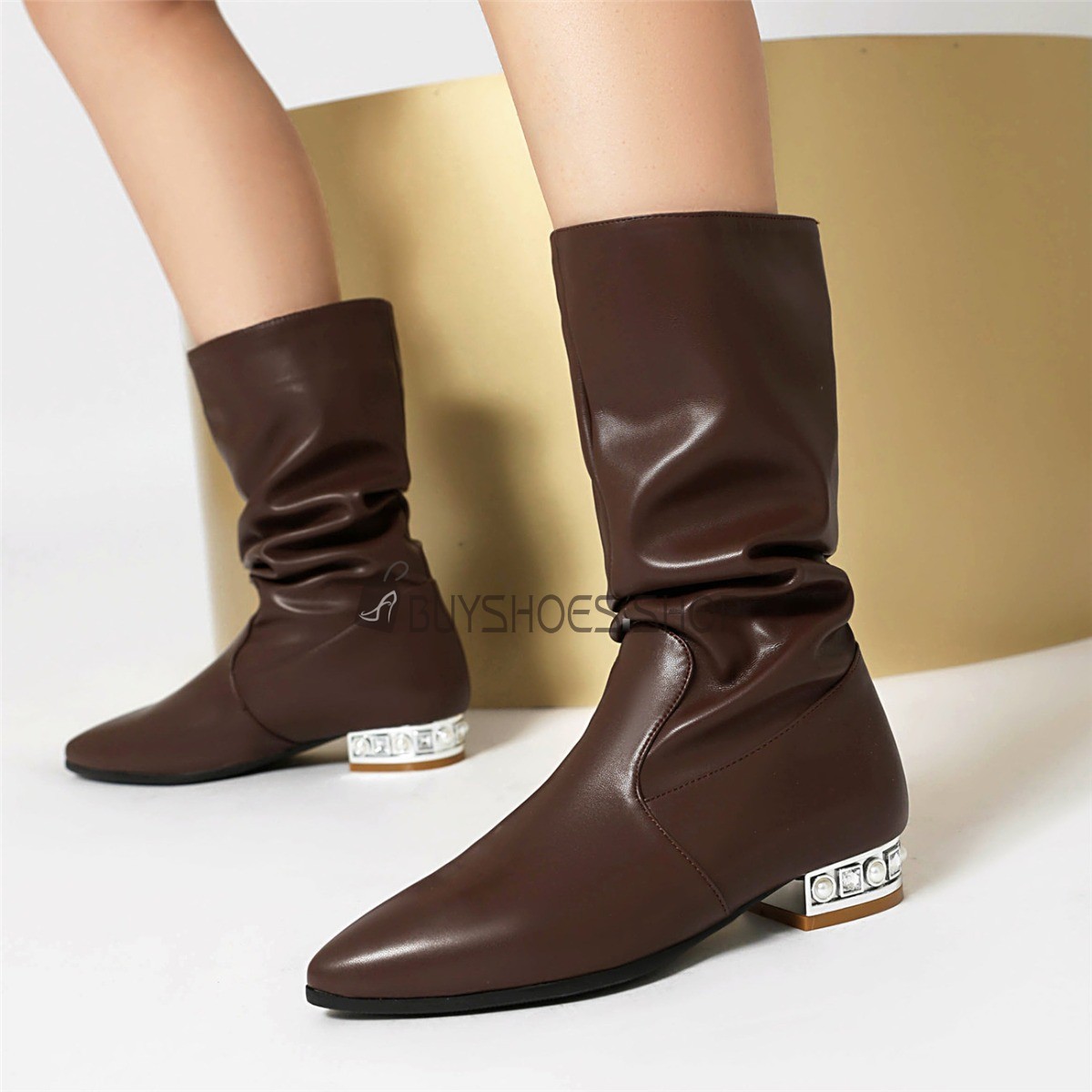 Habillé Classique Perlé Plate Vernis Bottes Femme Mi Mollet