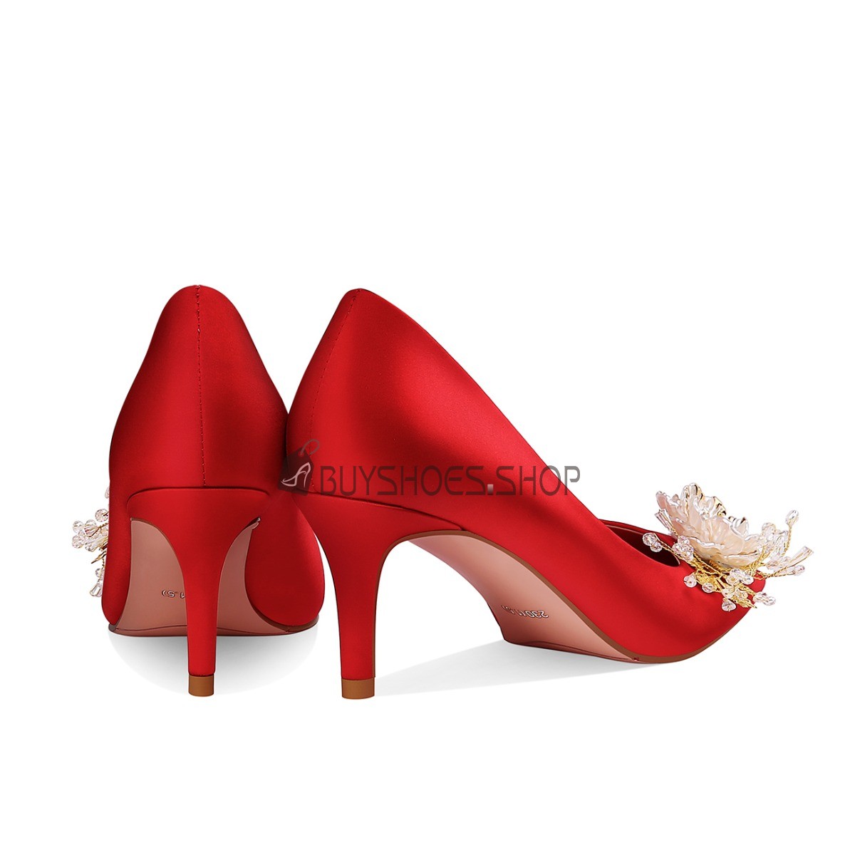 Red satin sale pumps with rhinestones
