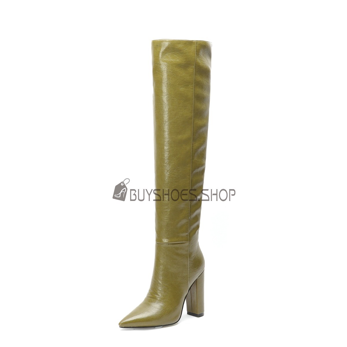 Vintage High Heel Block Heel Olive Green Knee High Boots Chunky Hee Tall Boots Faux Leather