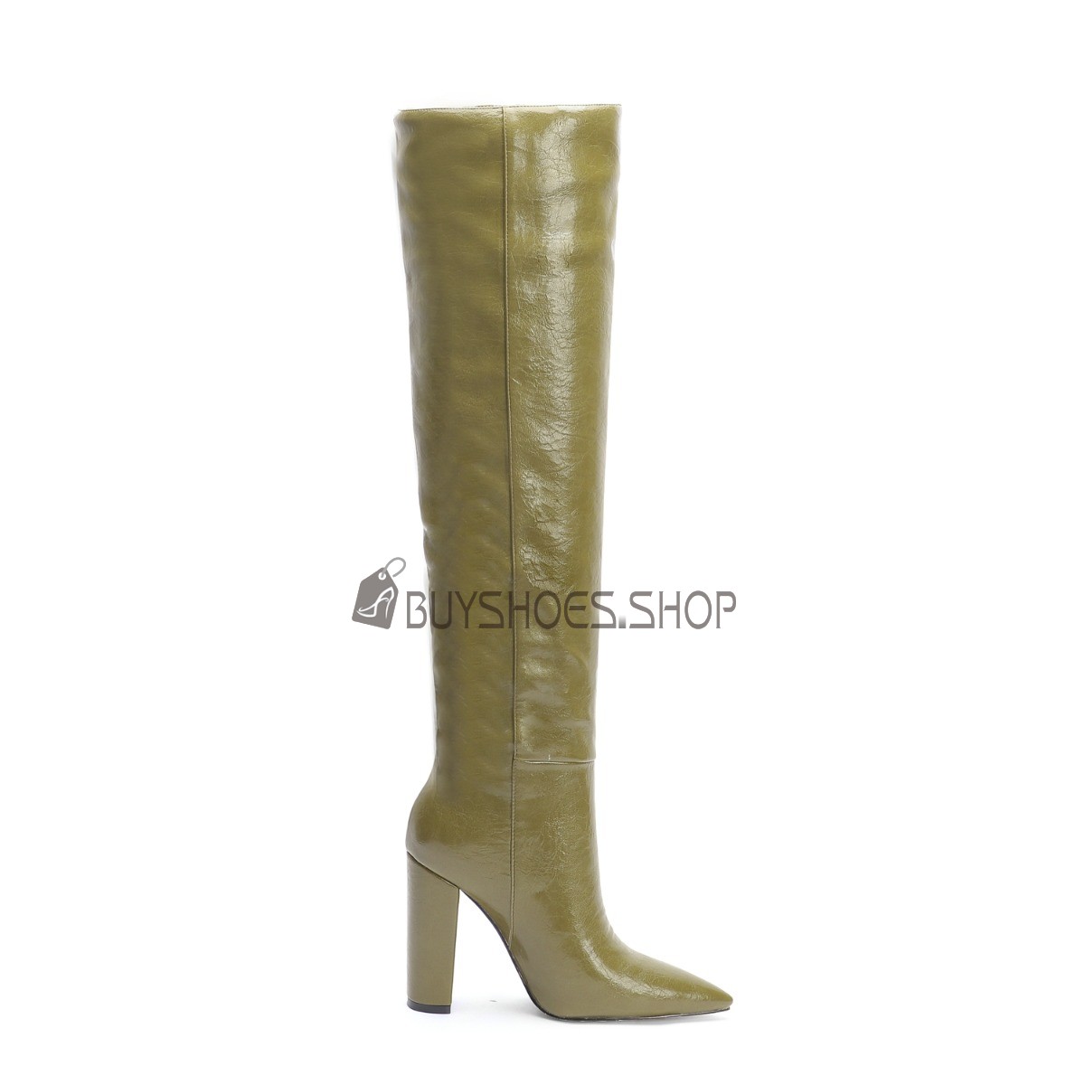 Vintage High Heel Block Heel Olive Green Knee High Boots Chunky Hee Tall Boots Faux Leather