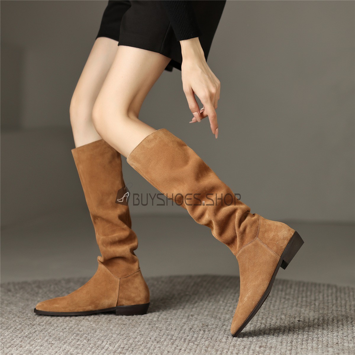 Hoge Laarzen Dames Suede Leer Gevoerde Klassiek Vierkante Neus Flats Vintage Knie Laarzen