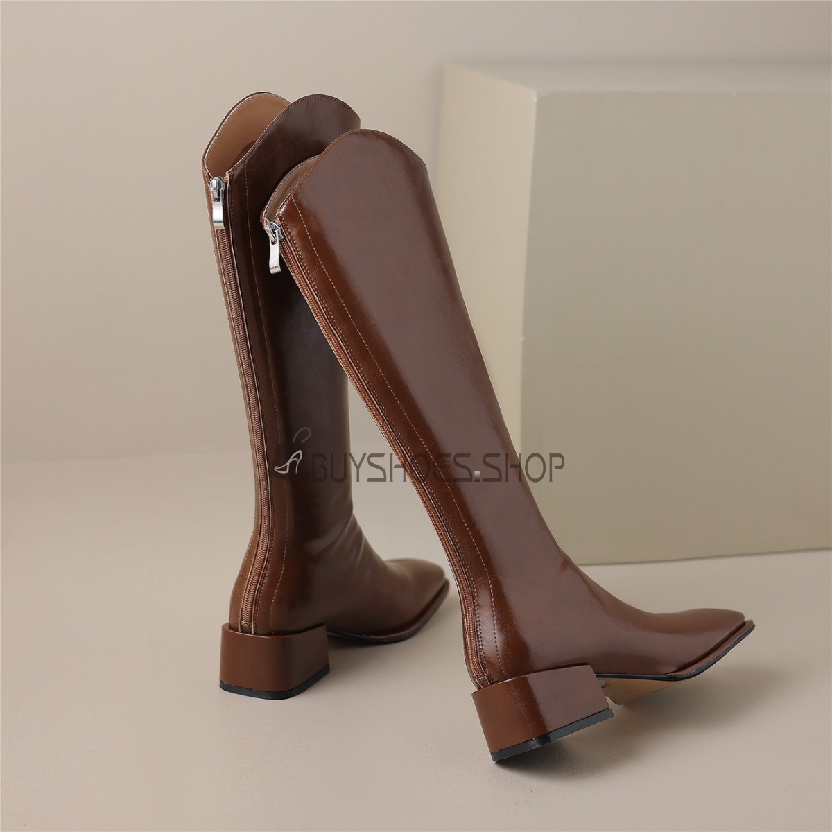 Gevoerde Leren Vierkante Neus Lange Laarzen Dames Vintage 5 cm Lage Hak Paardrijlaarzen Knie Laarzen Comfortabele Online 5423140996F BuyShoes.Shop