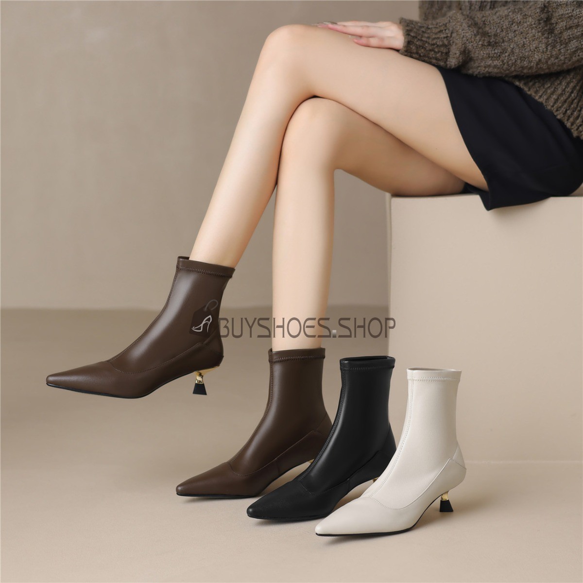 Kitten Heels Stiefeletten Spitz Socken Bequeme Mit Cm Niedriger